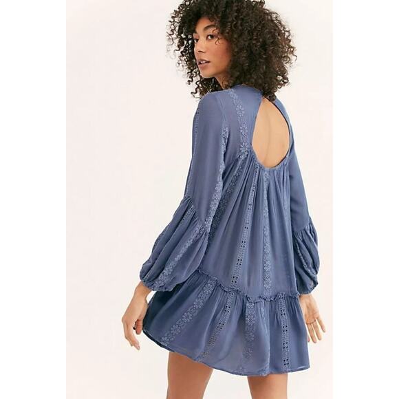 Free People Kiss Kiss Embroidered Lace Tunic Dress Blue Boho Style Size XS - Picture 2 of 10